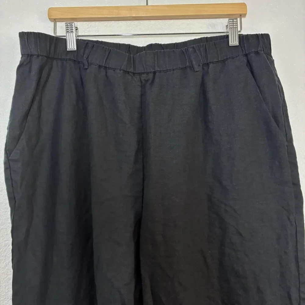 Quince Linen Pants Womens XL Black Wide Leg Elastic Waist Relaxed Pull On Casual